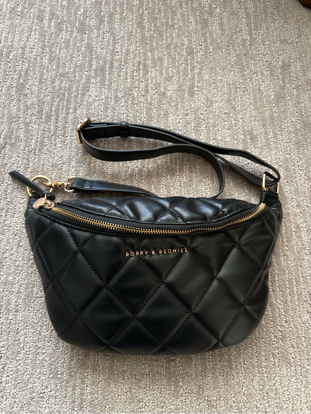 Poppy & Peonies Black Quilted Crossbody Belt Bag with Gold Hardware